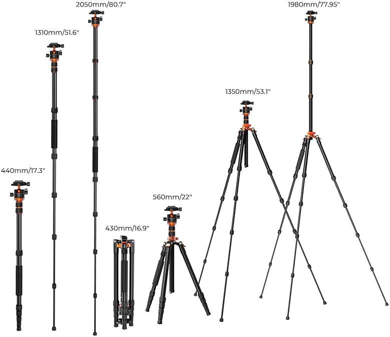 K&F CONCEPT 78 inch/198cm Aluminum Camera Tripod, Orange, Ball Head, 26.4 lbs Load Capacity, Compact & Lightweight for DSLR Cameras - Image 6