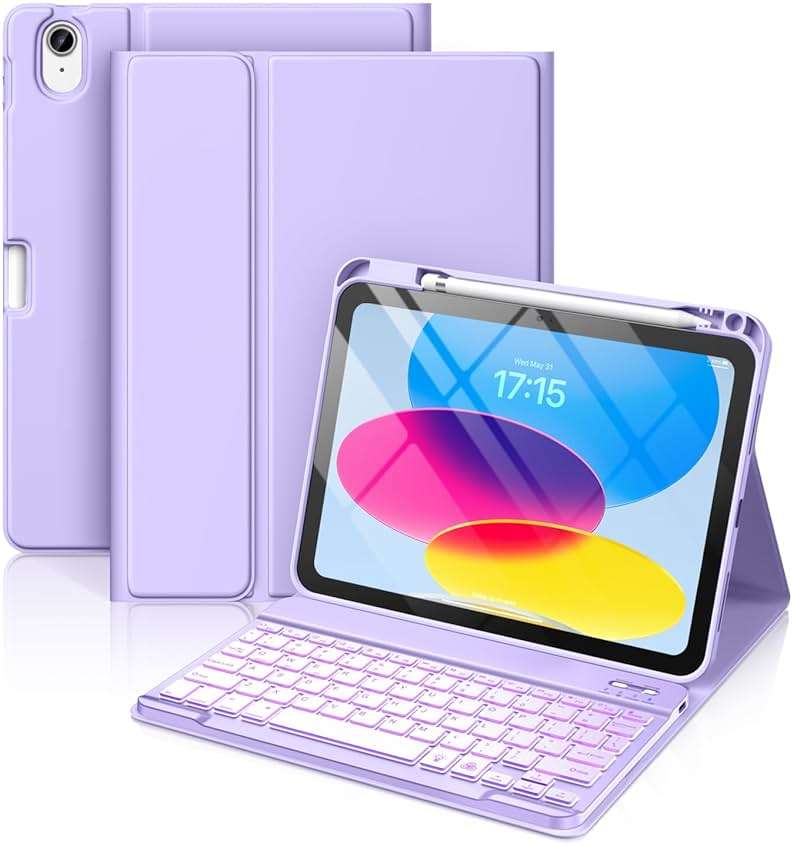 Hamile for iPad 11th 10th Generation Case with Keyboard - 7 Colors Backlit Wireless Detachable Folio Keyboard Cover with Pencil Holder for iPad 11-inch A16 2025 10th Gen 10.9 Inch 2022 (Purple) - Image 1