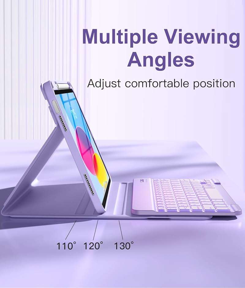 Hamile for iPad 11th 10th Generation Case with Keyboard - 7 Colors Backlit Wireless Detachable Folio Keyboard Cover with Pencil Holder for iPad 11-inch A16 2025 10th Gen 10.9 Inch 2022 (Purple) - Image 5