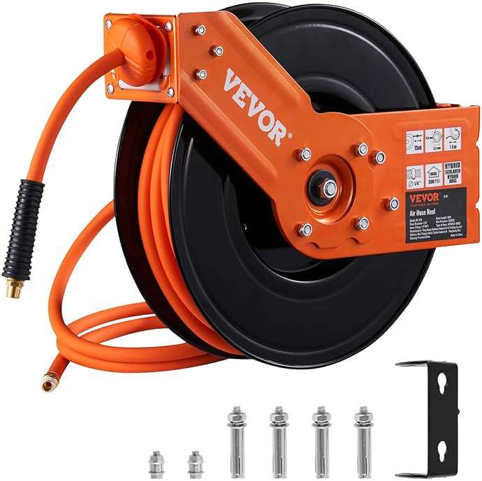 VEVOR Retractable Air Hose Reel, 3/8 IN x 50 FT Hybrid Air Hose Max 300PSI, Air Compressor Hose Reel with 5 ft Lead in, Ceiling/Wall Mount Heavy Duty Single Arm Steel Reel - Image 1