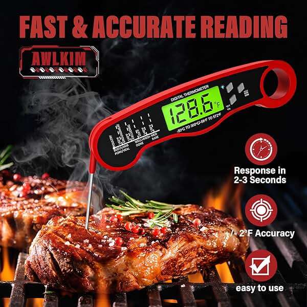 AWLKIM Meat Thermometer Digital - Instant Read Waterproof Food Thermometer with Backlight for Cooking, Grill, Candy, Kitchen & Stocking Stuffers for Men - Red - Image 2