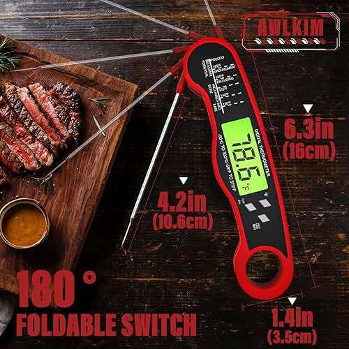 AWLKIM Meat Thermometer Digital - Instant Read Waterproof Food Thermometer with Backlight for Cooking, Grill, Candy, Kitchen & Stocking Stuffers for Men - Red - Image 3