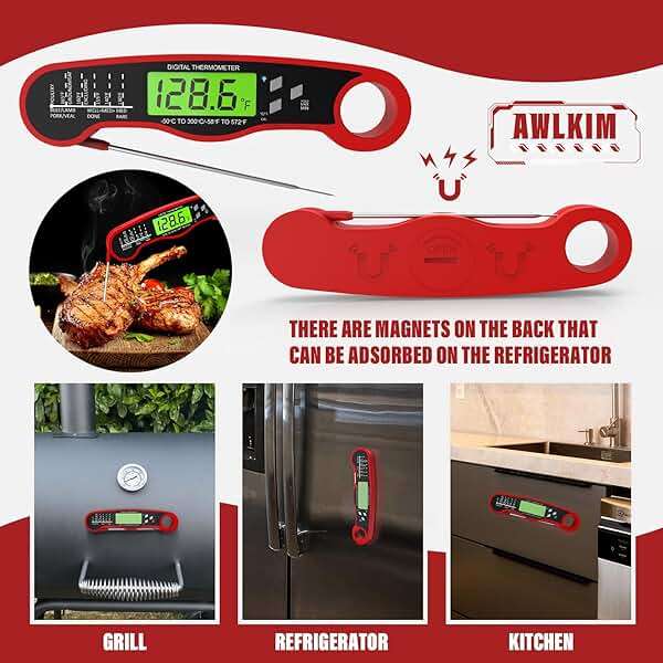 AWLKIM Meat Thermometer Digital - Instant Read Waterproof Food Thermometer with Backlight for Cooking, Grill, Candy, Kitchen & Stocking Stuffers for Men - Red - Image 6