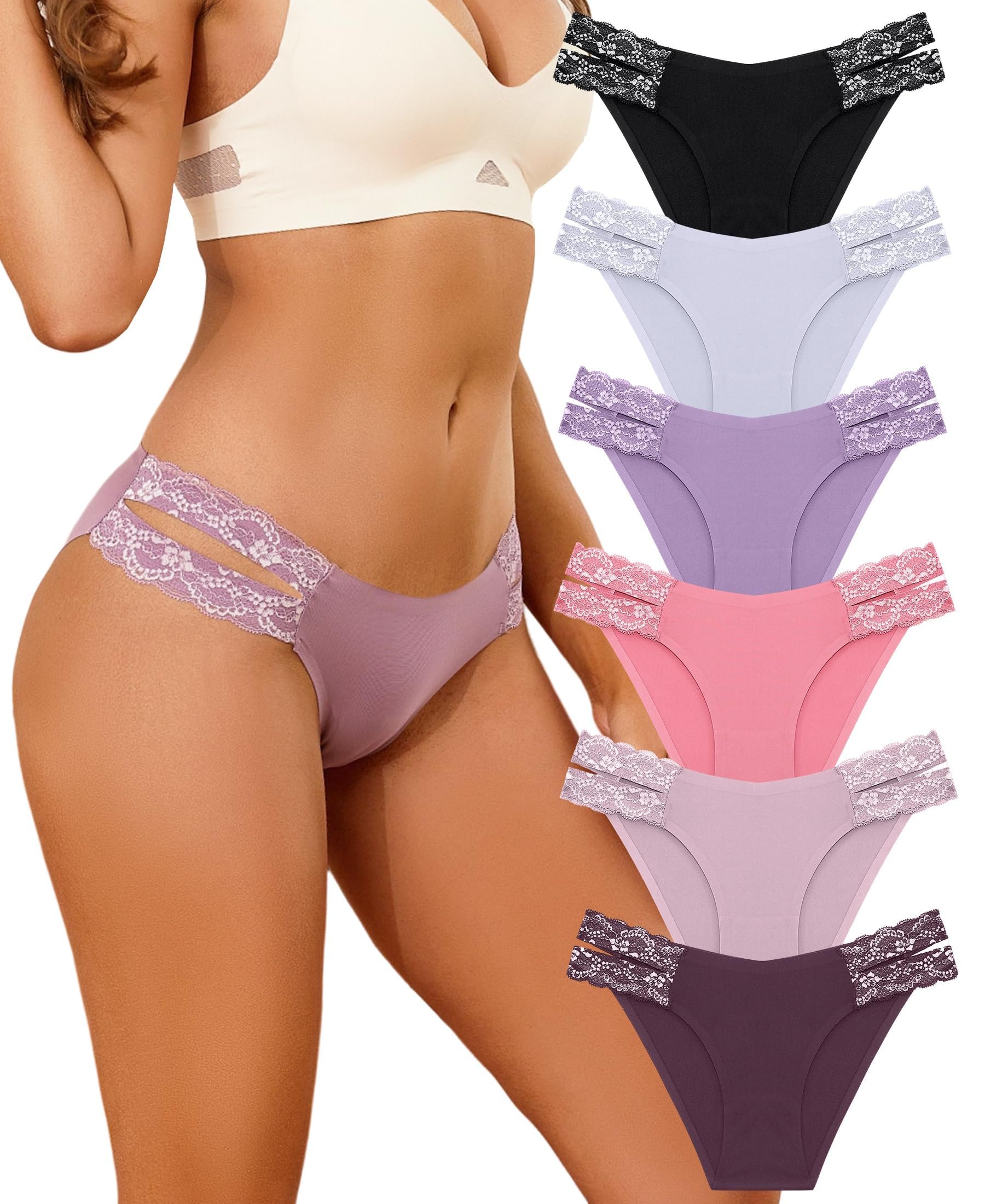 FINETOO Seamless Underwear for Women Cheeky Bikini Panties High Cut V-waist Lace Underwear Women Cute Bikinis 6 Pack - Product Image