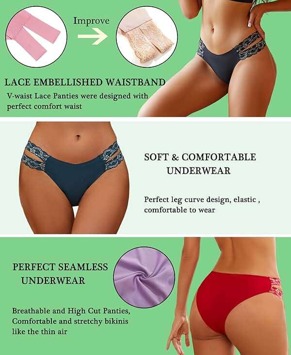 FINETOO Seamless Underwear for Women Cheeky Bikini Panties High Cut V-waist Lace Underwear Women Cute Bikinis 6 Pack - Image 4