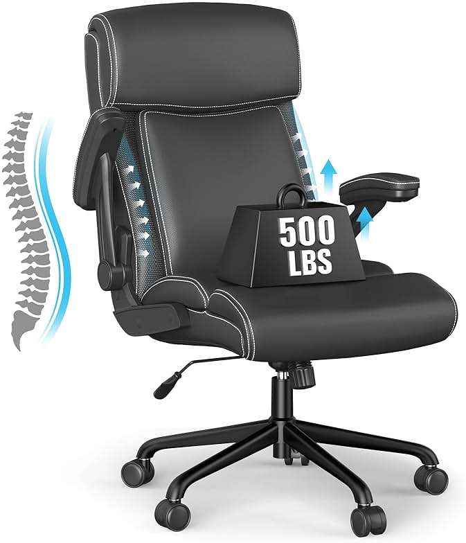 ralex-chair Big and Tall Office Chair, 500lbs for Heavy People, High Back Leather Executive Desk Chair with Flip-up Armrests and Adjustable Height (Black) - Image 1