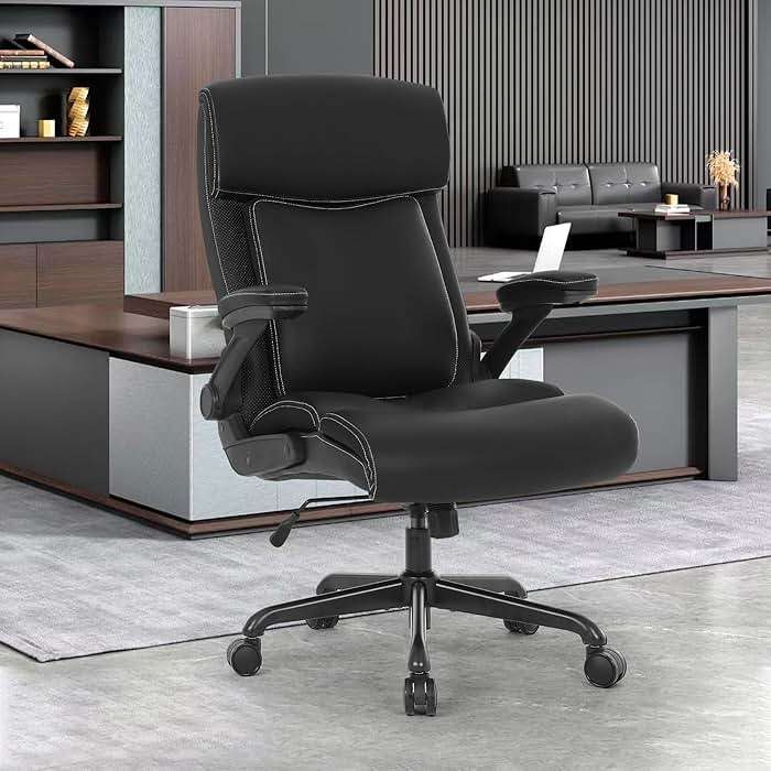 ralex-chair Big and Tall Office Chair, 500lbs for Heavy People, High Back Leather Executive Desk Chair with Flip-up Armrests and Adjustable Height (Black) - Image 2