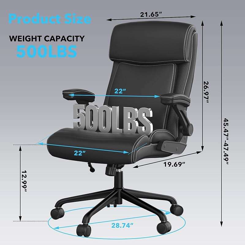 ralex-chair Big and Tall Office Chair, 500lbs for Heavy People, High Back Leather Executive Desk Chair with Flip-up Armrests and Adjustable Height (Black) - Image 3