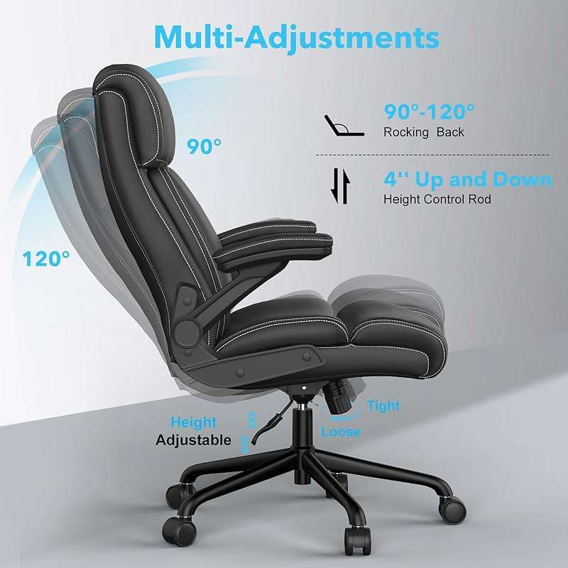 ralex-chair Big and Tall Office Chair, 500lbs for Heavy People, High Back Leather Executive Desk Chair with Flip-up Armrests and Adjustable Height (Black) - Image 4