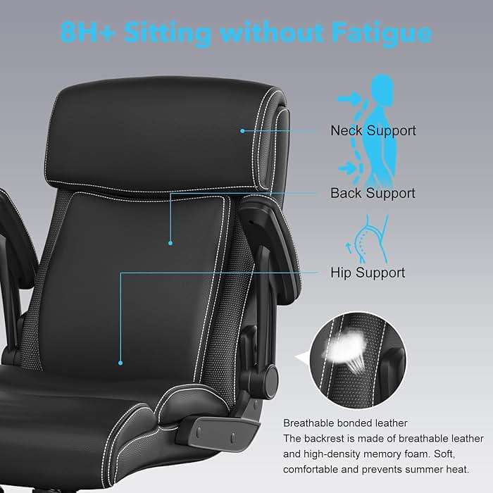 ralex-chair Big and Tall Office Chair, 500lbs for Heavy People, High Back Leather Executive Desk Chair with Flip-up Armrests and Adjustable Height (Black) - Image 5