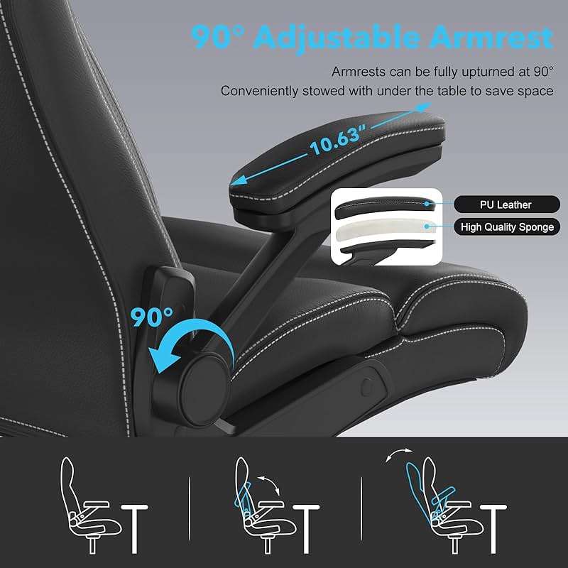 ralex-chair Big and Tall Office Chair, 500lbs for Heavy People, High Back Leather Executive Desk Chair with Flip-up Armrests and Adjustable Height (Black) - Image 6