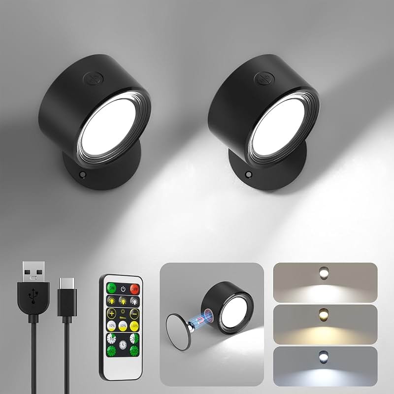 Lightbiz LED Wall Mounted Lights 2 Pcs with Remote, Wall Sconces Lamp 3000mAh Rechargeable Battery Operated, 3 Color Temperatures & Dimmable Magnetic 360° Rotation Cordless Light for Bedroom Bedside - Product Image