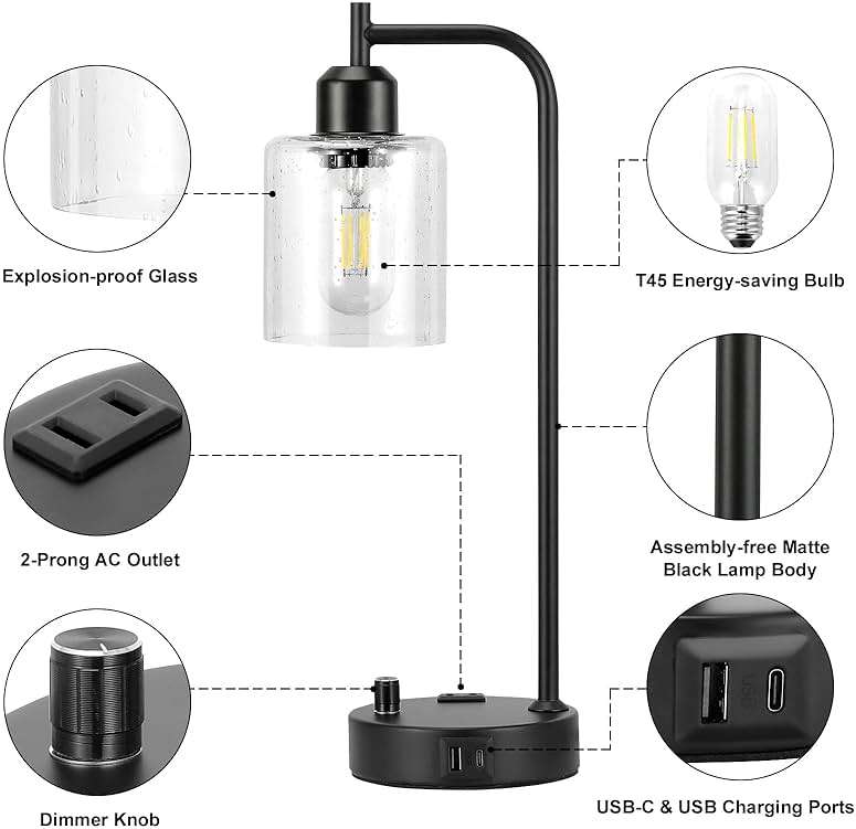 Industrial Table Lamps for Bedrooms Set of 2 - Fully Dimmable Bedside Lamps with USB A and C Ports and Outlet, Black Nightstand Lamps with Glass Shade for Living Room, Desk Lamps for Office Reading - Image 7