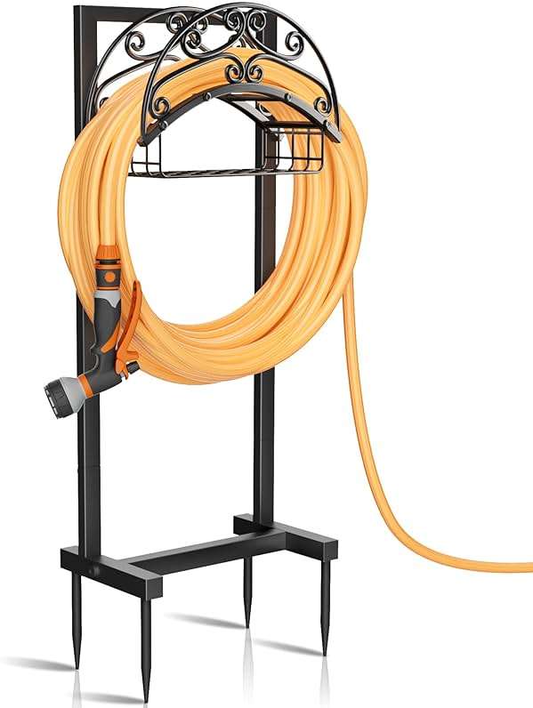 Gayuteay Garden Hose Holder – Water Hose Reel Stand with Storage Basket Holds 151ft, Heavy Duty Freestanding Garden Hanger Storage Rack for Outside Yard Lawn Farm - Image 1