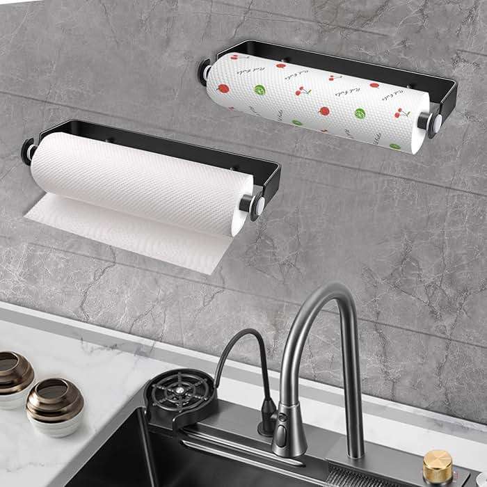 PEDORUBY Under Cabinet Paper Towel Holder, Adhesive or Drill Mount Paper Towel Holder, Wall Mount Paper Towel Holders for Kitchen or Bathroom (Black) - Image 2