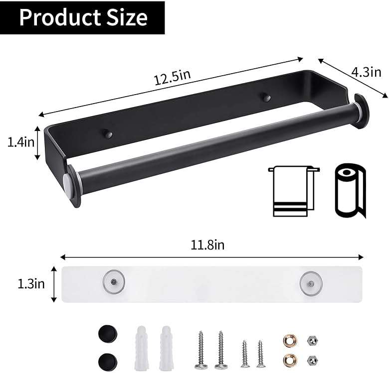 PEDORUBY Under Cabinet Paper Towel Holder, Adhesive or Drill Mount Paper Towel Holder, Wall Mount Paper Towel Holders for Kitchen or Bathroom (Black) - Image 3