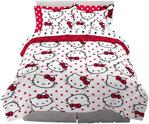 Hello Kitty Polka Dot Bedding 7 Piece Super Soft Comforter and Sheet Set with Sham, Queen, (Official Licensed Product) by Franco Collectibles - Image 1