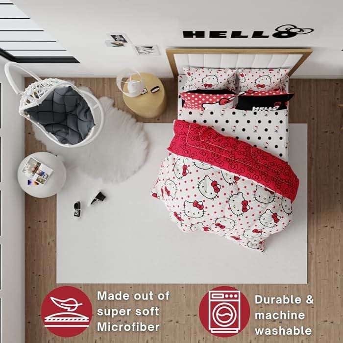 Hello Kitty Polka Dot Bedding 7 Piece Super Soft Comforter and Sheet Set with Sham, Queen, (Official Licensed Product) by Franco Collectibles - Image 2