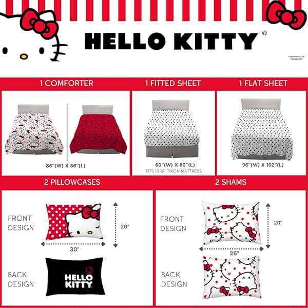 Hello Kitty Polka Dot Bedding 7 Piece Super Soft Comforter and Sheet Set with Sham, Queen, (Official Licensed Product) by Franco Collectibles - Image 3