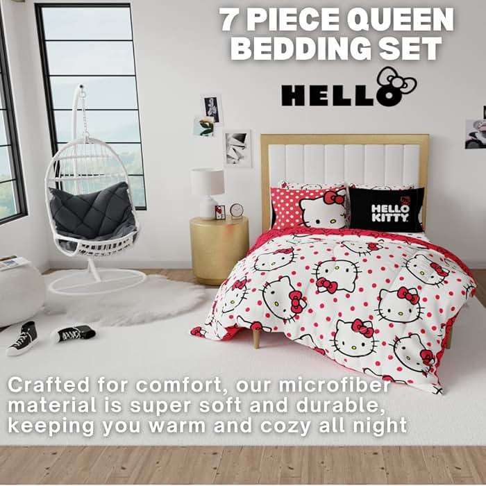 Hello Kitty Polka Dot Bedding 7 Piece Super Soft Comforter and Sheet Set with Sham, Queen, (Official Licensed Product) by Franco Collectibles - Image 4
