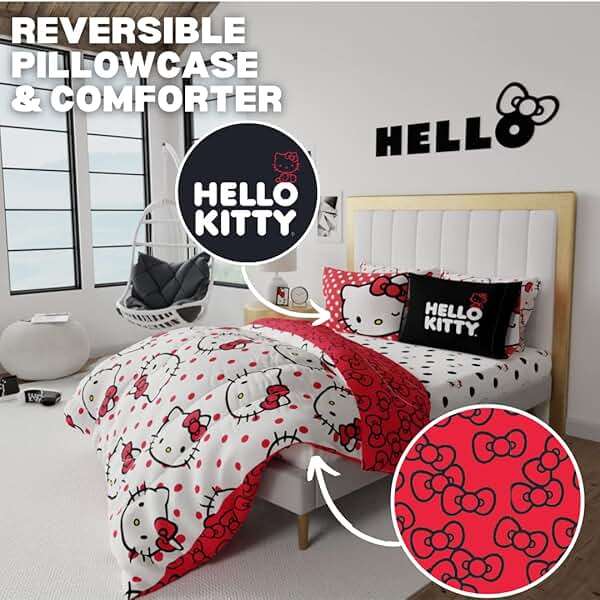 Hello Kitty Polka Dot Bedding 7 Piece Super Soft Comforter and Sheet Set with Sham, Queen, (Official Licensed Product) by Franco Collectibles - Image 5