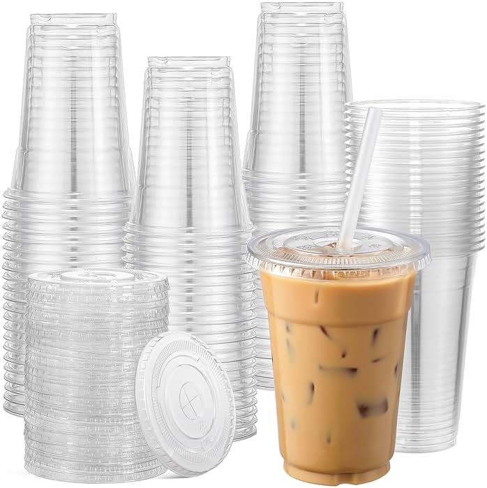 AOZITA 120 Sets - 16 oz Clear Plastic Cups with Lids, Disposable Cups With Straw Slot Lids for Cold Drinks, Milkshake, Smoothie, Iced Coffee and TO-GO Drinkings - Product Image