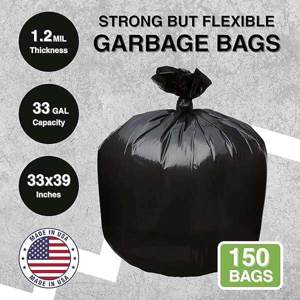 Top Knot Bags 33 Gallon Garbage Trash Bag 33X39" 1.2 Mil Black 150 Count Can Liner Bulk 30 Gallon 31 Gallon 32 Gallon 34 Gallon 35 Gallon Made in USA - Image 2