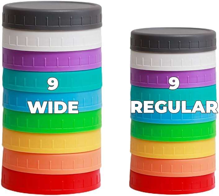Jumterlee 18 Pack Plastic Mason Jar Lids with Silicone Rings,9 Colors to Choose,9 Wide Mouth & 9 Regular Mouth Mason Jar Lids,Plastic Canning Lids, Fit Ball,Kerr and More (Multicolored) - Image 1