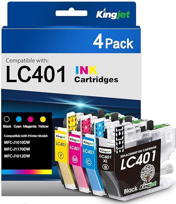 Kingjet LC401 Ink Cartridges Replacement for Brother LC401 Ink Cartridges Compatible with MFC-J1010DW MFC-J1170DW MFC-J1012DW, 4PK (Black/Cyan/Magenta/Yellow) - Product Image