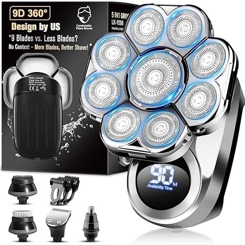 9D Electric Head Shaver for Bald Men, Upgraded 5-in-1 Head Shaver for Bald Men, Waterproof Wet/Dry Grooming Kit Electric Shaver for Men, Cordless Rechargeable Bald Head Razor for Home&Travel - Product Image
