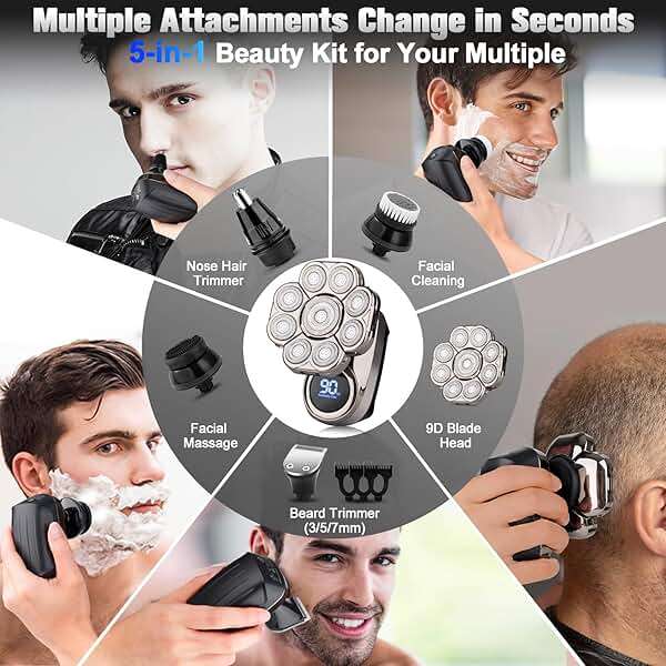9D Electric Head Shaver for Bald Men, Upgraded 5-in-1 Head Shaver for Bald Men, Waterproof Wet/Dry Grooming Kit Electric Shaver for Men, Cordless Rechargeable Bald Head Razor for Home&Travel - Image 5