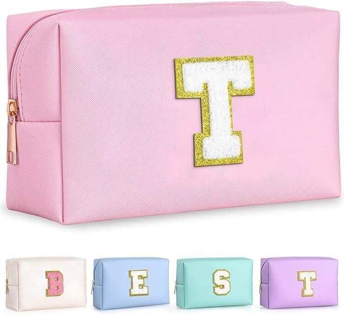 TOPEAST Dorm Room Essentials for Girls - Pink Initial Makeup Bag, College Essentials PU Leather Bag | Travel Car Essentials | Cute Stuff Birthday Gift for Friends Sister (Pink T) - Product Image
