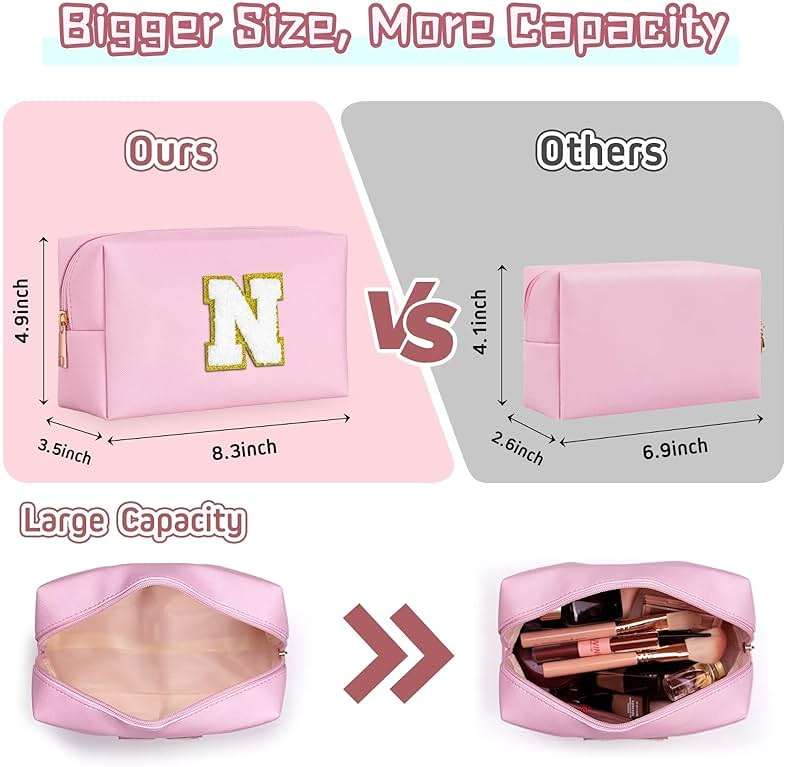TOPEAST Dorm Room Essentials for Girls - Pink Initial Makeup Bag, College Essentials PU Leather Bag | Travel Car Essentials | Cute Stuff Birthday Gift for Friends Sister (Pink T) - Image 2