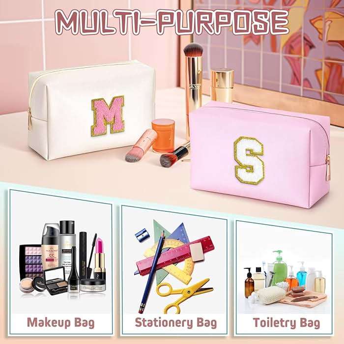 TOPEAST Dorm Room Essentials for Girls - Pink Initial Makeup Bag, College Essentials PU Leather Bag | Travel Car Essentials | Cute Stuff Birthday Gift for Friends Sister (Pink T) - Image 5