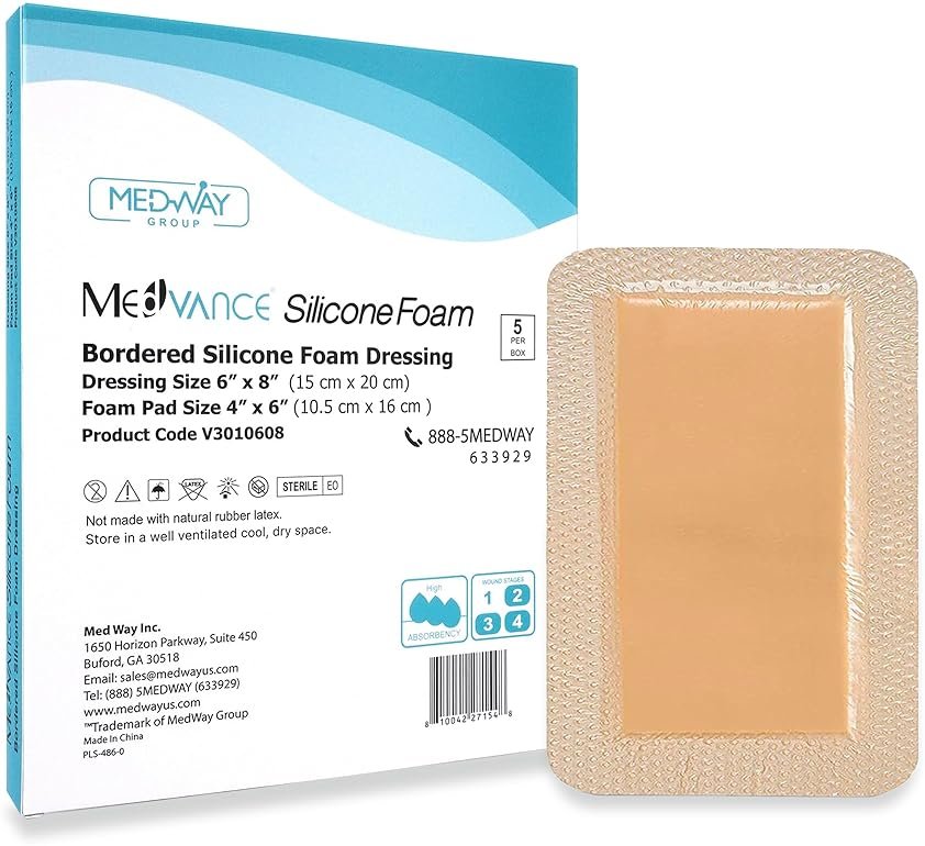 MedVance 5 Pack 6"x8" Silicone Foam Dressing Bordered Dressing, Waterproof Silicone Bandages for Wounds Care, Bed Sore Patches, Super Absorbent Wound Dressing, Self Adhesive Pressure Sore Pads - Product Image