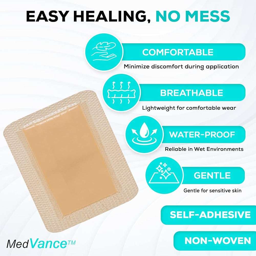 MedVance 5 Pack 6"x8" Silicone Foam Dressing Bordered Dressing, Waterproof Silicone Bandages for Wounds Care, Bed Sore Patches, Super Absorbent Wound Dressing, Self Adhesive Pressure Sore Pads - Image 5