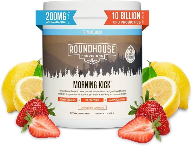 ROUNDHOUSE PROVISION Morning Kick, Zero Sugar Greens Superfood Powder Supplement with Ashwagandha, Collagen, Probiotics, Debloat Drink, 30 Servings (Strawberry Lemonade) by Chuck Norris - Product Image