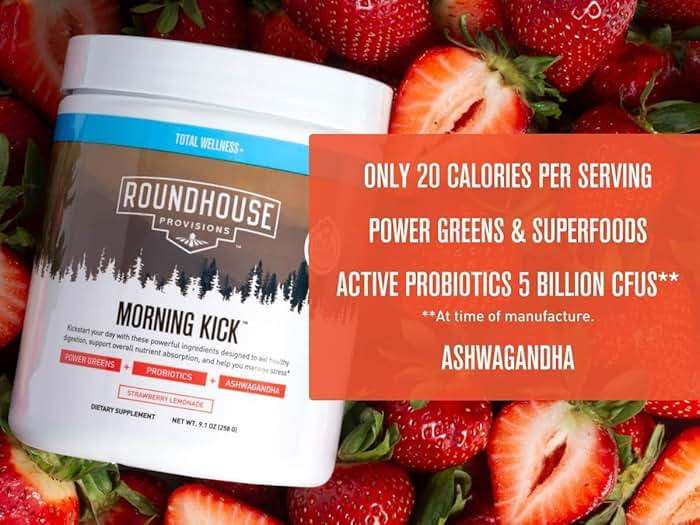 ROUNDHOUSE PROVISION Morning Kick, Zero Sugar Greens Superfood Powder Supplement with Ashwagandha, Collagen, Probiotics, Debloat Drink, 30 Servings (Strawberry Lemonade) by Chuck Norris - Image 5