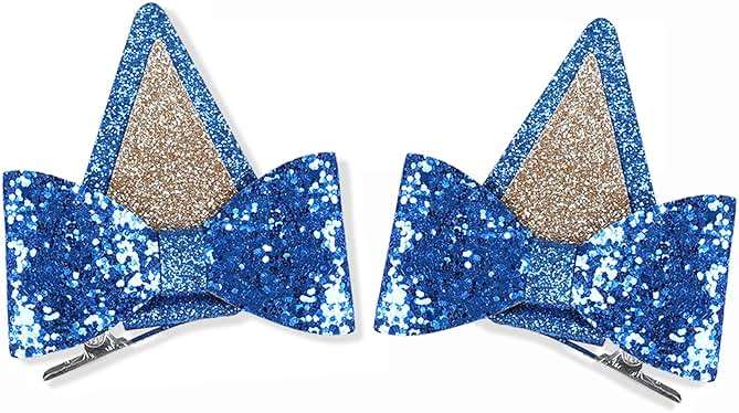 IKUHRMO Blue Ears Hair Clips, 1 Pair Glitter Hair Barrettes for Birthday Decorations Halloween Costume Cosplay Accessories Party Supplies (Blue) - Image 1