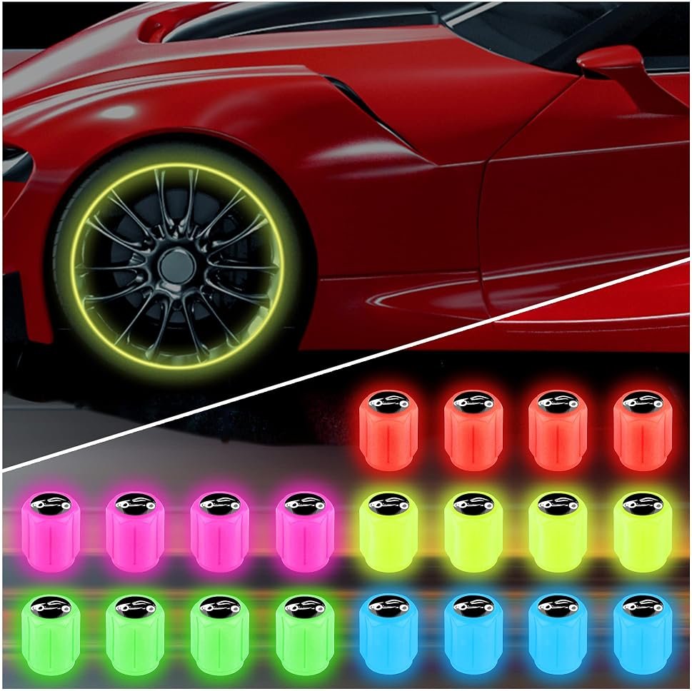 20PCS Fluorescent Tire Valve Stem Caps,Luminous Auto Wheel Air Valve Cap,Universal Decoration Accessories for Car/SUV/Bicycle/Trucks/Motorcycles,Cool Car Gifts (20Pcs-5 Colors/Car) - Product Image