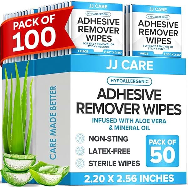 JJ CARE Adhesive Remover Wipes (Pack of 100) 2.2” x 2.56 Inches, Adhesive Remover for Skin, No Sting Medical Adhesive Remover, Ostomy Adhesive Remover for Sensitive Skin - Individually Packed - Product Image