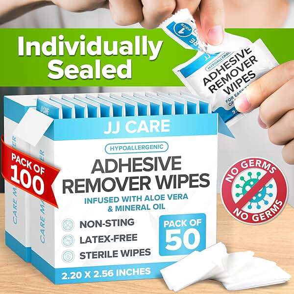 JJ CARE Adhesive Remover Wipes (Pack of 100) 2.2” x 2.56 Inches, Adhesive Remover for Skin, No Sting Medical Adhesive Remover, Ostomy Adhesive Remover for Sensitive Skin - Individually Packed - Image 6