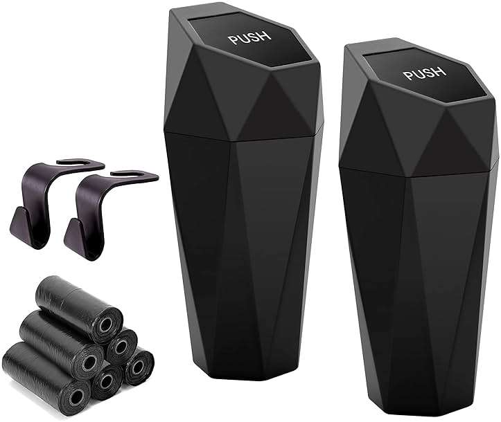 Ginsco Car Trash Can Cup Holder, 2 Pack Mini Trash Can with Lid, Car Accessories for Interior, Leakproof Small Trash Cup for Home with Additional 2 ABS Hooks and 90pcs Trash Bags Black - Image 1