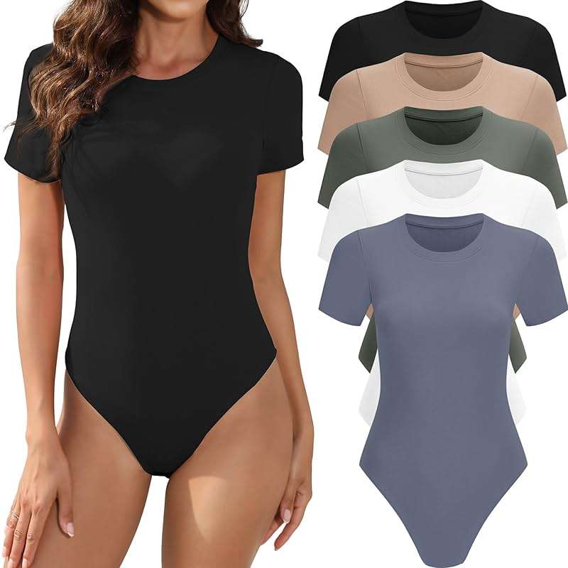 MLYENX 5 Pack Body Suits for Womens Short Sleeve Round Neck Casual Stretchy Basic T Shirt Bodysuit Tops - Image 1