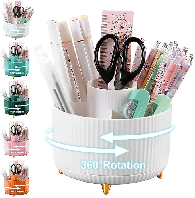 Cayxenful Pencil Holder For Desk,5 Slots 360°Degree Rotating Desk Organizers And Accessories,Desktop Storage Stationery Supplies Organizer, Cute Pencil Cup Pot For Office, School, Home (B-White) - Image 1