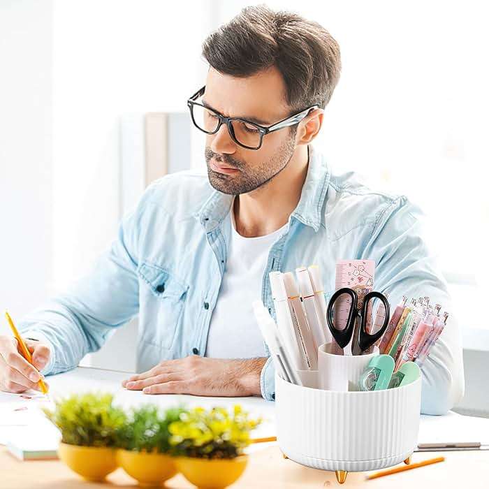 Cayxenful Pencil Holder For Desk,5 Slots 360°Degree Rotating Desk Organizers And Accessories,Desktop Storage Stationery Supplies Organizer, Cute Pencil Cup Pot For Office, School, Home (B-White) - Image 2