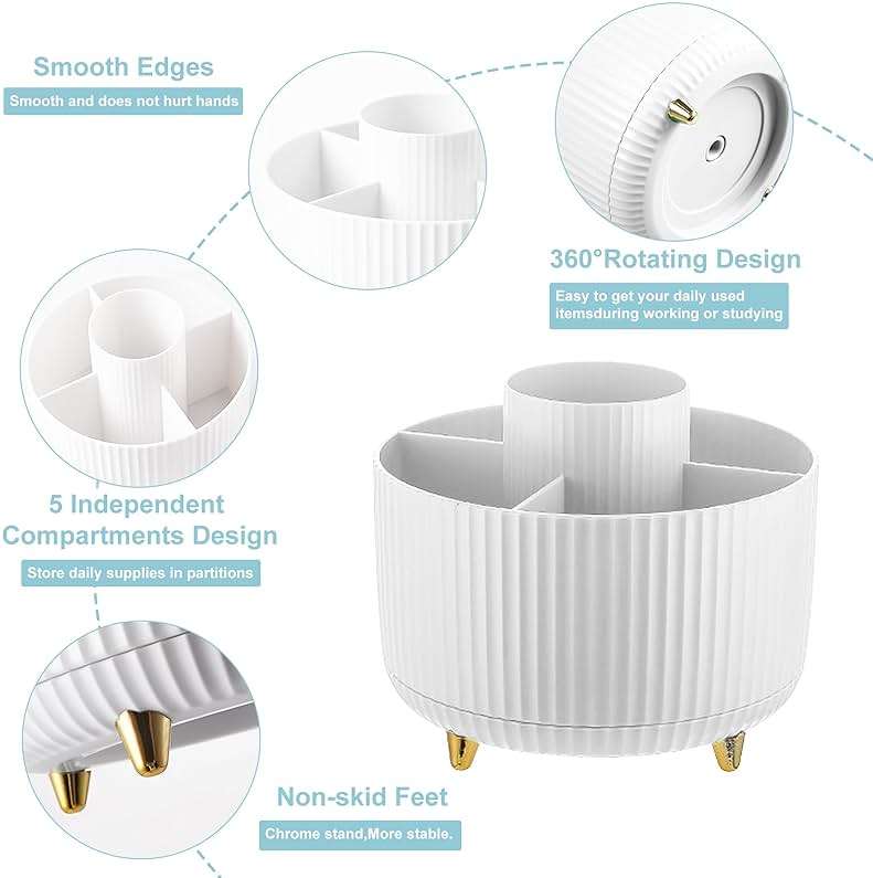 Cayxenful Pencil Holder For Desk,5 Slots 360°Degree Rotating Desk Organizers And Accessories,Desktop Storage Stationery Supplies Organizer, Cute Pencil Cup Pot For Office, School, Home (B-White) - Image 4