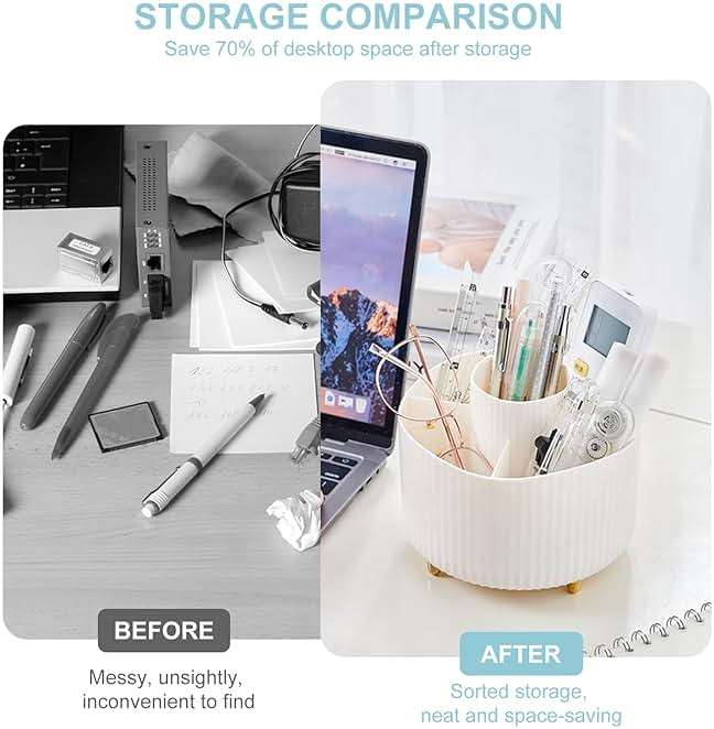 Cayxenful Pencil Holder For Desk,5 Slots 360°Degree Rotating Desk Organizers And Accessories,Desktop Storage Stationery Supplies Organizer, Cute Pencil Cup Pot For Office, School, Home (B-White) - Image 6