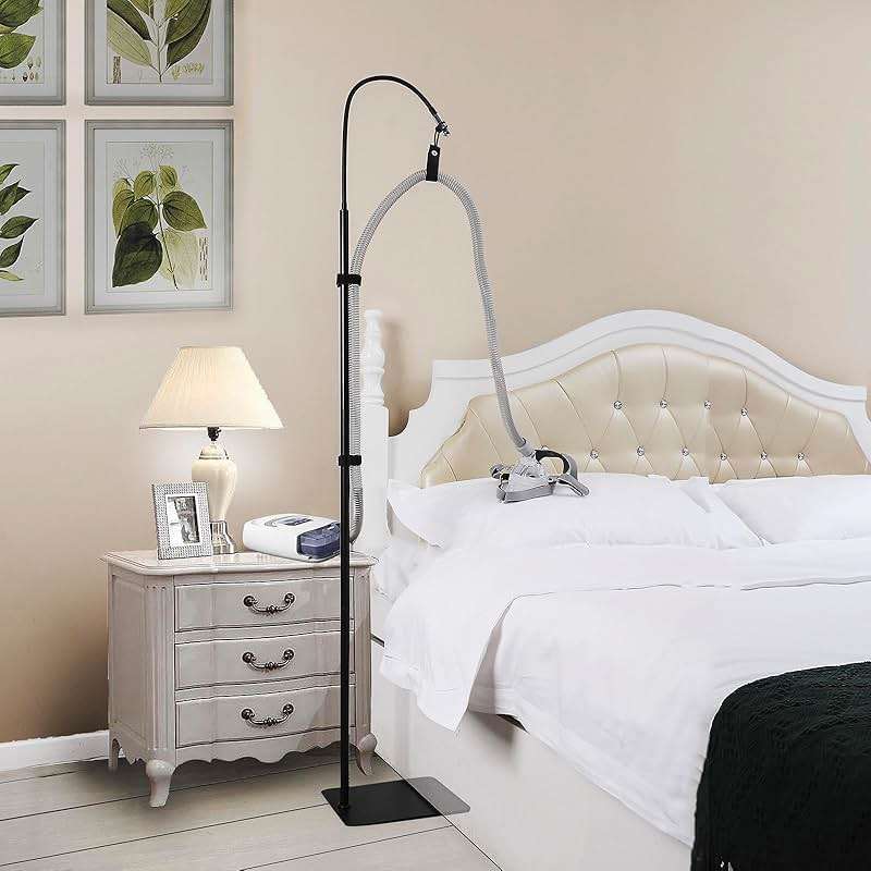 CPAP Hose Holder for Bed, Full Metal Bedside CPAP Hose Stand with Under-Mattress Base, Adjustable Flexible Arm, Curved Mask Hook and Hose Straps, No-Drill CPAP Accessories,Black - Image 1