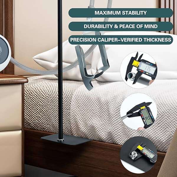 CPAP Hose Holder for Bed, Full Metal Bedside CPAP Hose Stand with Under-Mattress Base, Adjustable Flexible Arm, Curved Mask Hook and Hose Straps, No-Drill CPAP Accessories,Black - Image 4